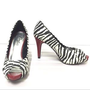 6 CANDIES Zebra Red Heel Peeptoe Stiletto Shoes